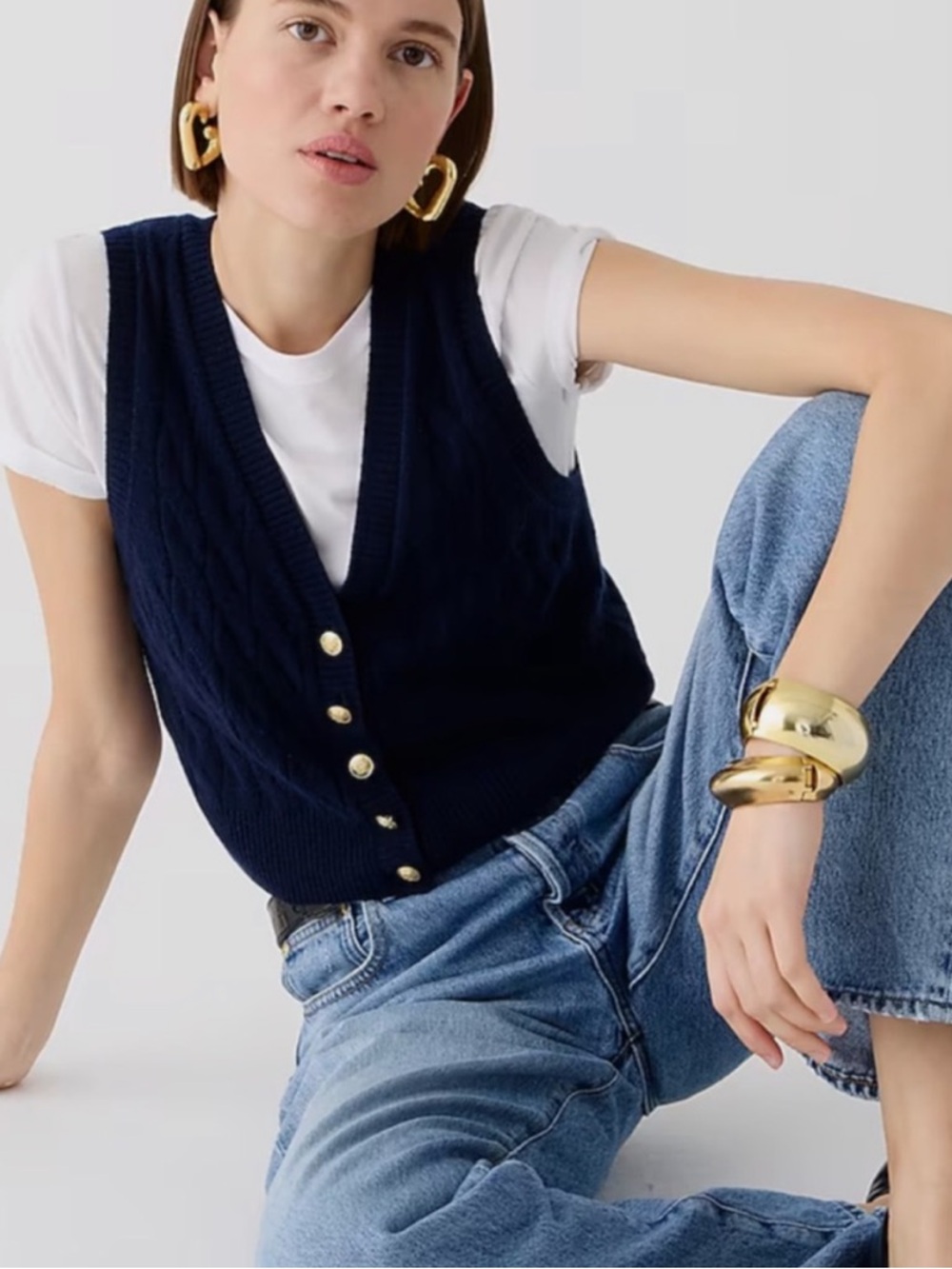 J. Crew Navy Cable-Knit V-Neck Button Front Sweater Vest
